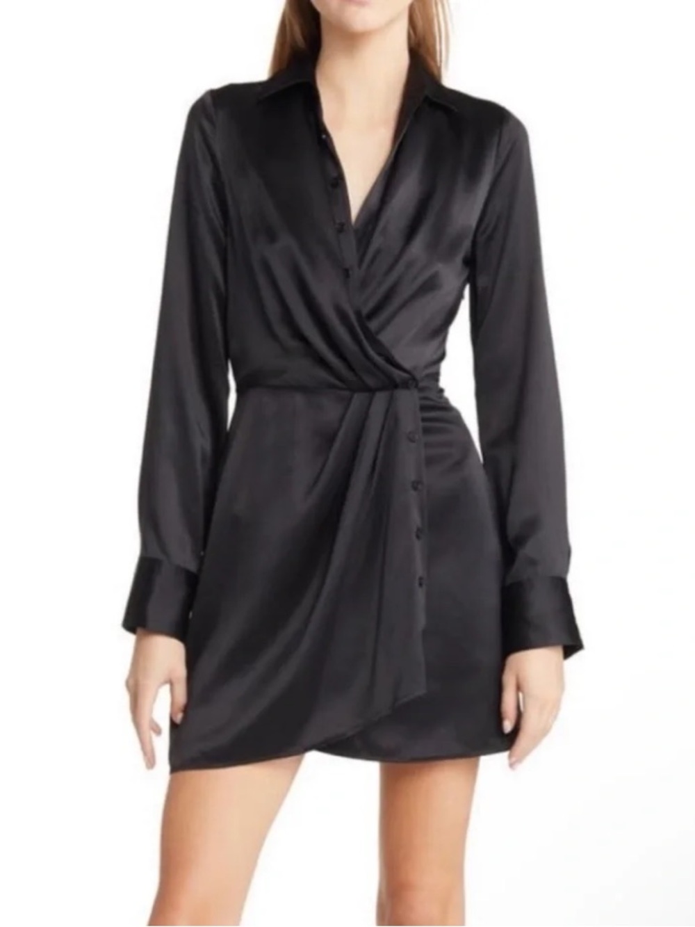 Reformation 100% Silk Black Button Faux Wrap Midi Dress Size 2 Long Sleeve Party - Picture 2 of 12